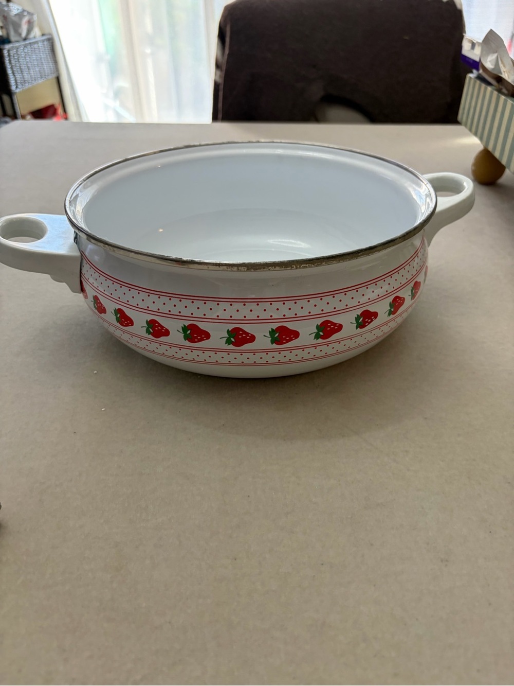 White Enamel  Bowl with Red Strawberry Motif